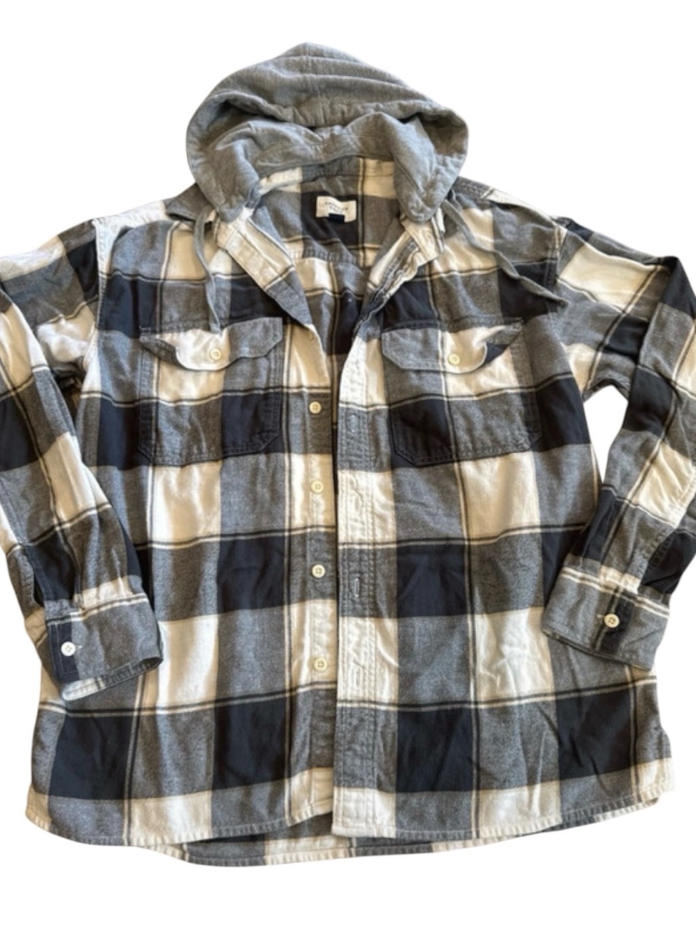 American Eagle Outfitters Hooded Button-Down Shirt - Gray & Black Plaid